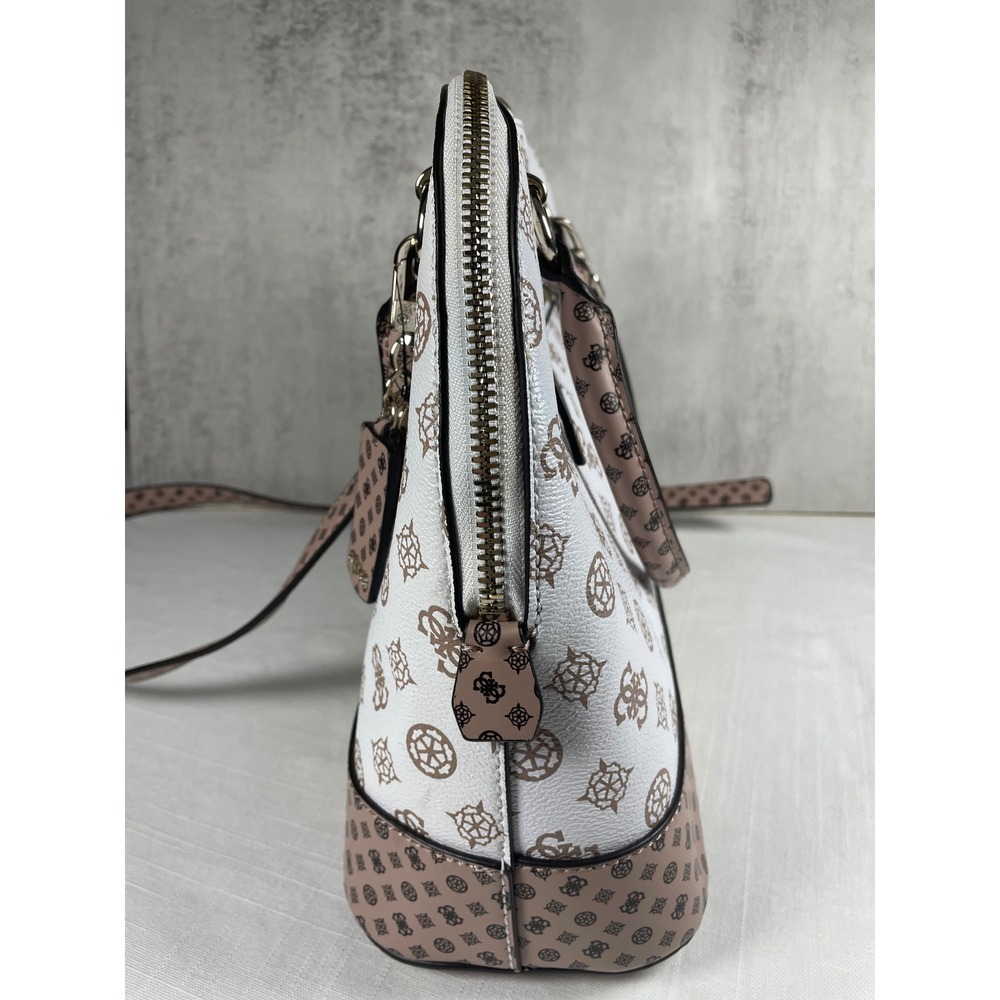 Guess Bella Vita Dome Satchel Handbag White Brown Logo Print Convertible Strap - Picture 7 of 15